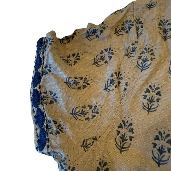Sigrid Olson Beige Blue Country Print Doves & Floral Embroidery Trim Peplum Top - Picture 6 of 13